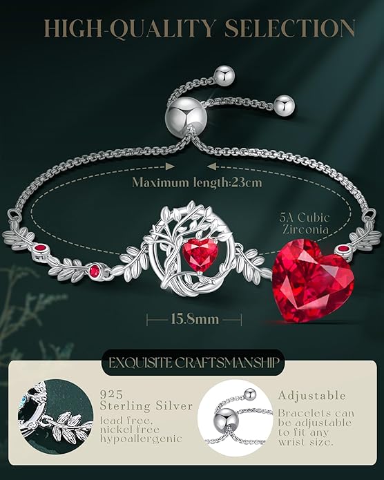 FANCIME Tree of life Birthstone Bracelet for Women Sterling Silver Tree Jewelry Birthstone Charm Bracelet Gemstone Anniversary Birthday Christmas Gifts for Wife Mom Her