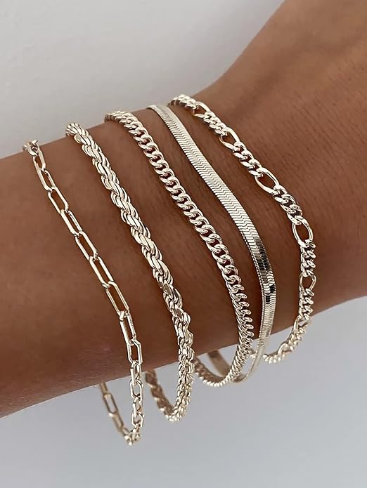 DEARMAY 14K Gold Plated Bracelets for Women Waterproof, Jewelry Sets Trendy Thin Dainty Stackable Cuban Link Paperclip Chain Bracelet Pack Fashion Accessories Gifts for Womens