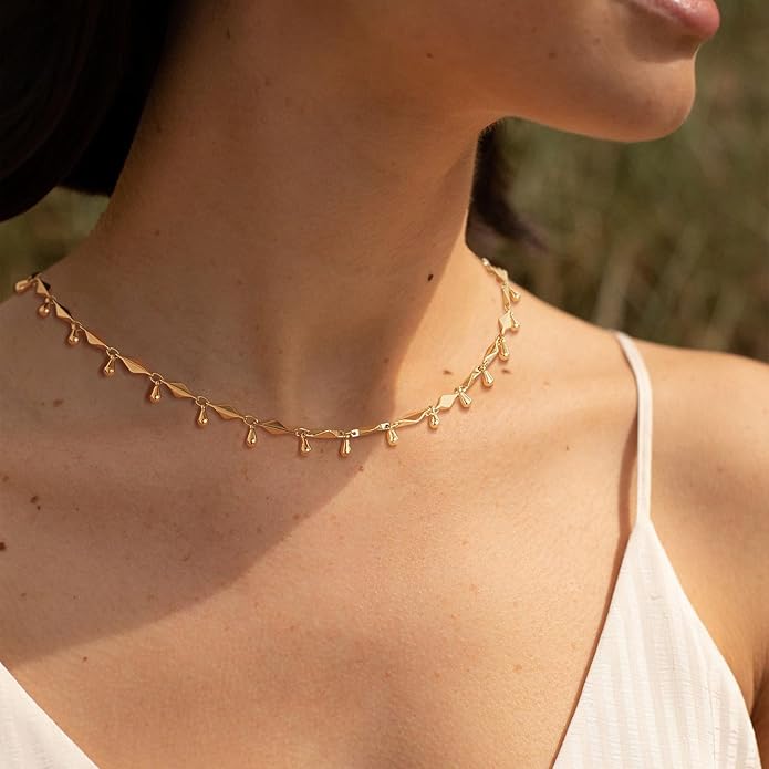 MTMY Beaded Necklaces for Women 14K Gold Plated Dainty Colorful Green/Rose Beaded Pearl Choker Necklace Delicate Boho Choker Necklace Jewelry Gift
