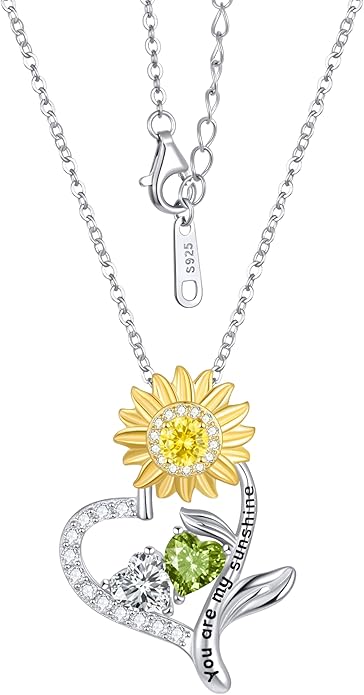 PERJI Valentine's Day Gifts for Women - 925 Sterling Silver Double Birthstone Sunflower Necklace, Anniversary Birthday Jewelry You are My Sunshine Gifts for Wife Couple Girlfriend 18"+2" Non Tarnish