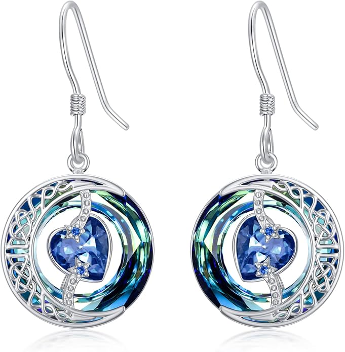 TOUPOP Birthstone Earrings for Women 925 Sterling Silver Moon and Star Dangle Earrings with Blue Crystal BirthdayJewelry Christmas Gifts for Women