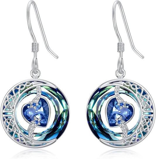 TOUPOP Birthstone Earrings for Women 925 Sterling Silver Moon and Star Dangle Earrings with Blue Crystal BirthdayJewelry Christmas Gifts for Women