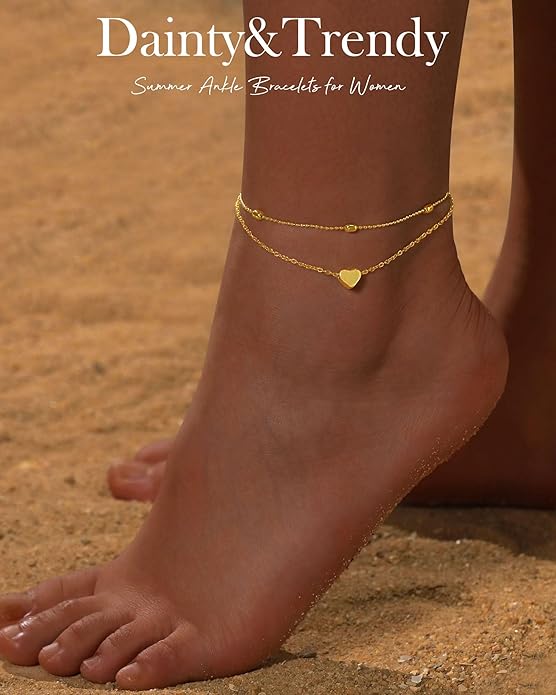 FUNEIA Gold Silver Ankle Bracelets for Women Waterproof 14K Gold Plated Anklets for Women Non Tarnish Dainty Layered Beaded Heart Anklet Set Summer Beach Foot Chain Jewelry Gifts Trendy Stuff