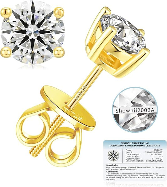 SHOWNII Diamond 4-Prong Lab-Grown Diamond Stud Earrings for Women 0.5CT 1CT 14K Gold Plated S925 Sterling Silver Screw Back Earrings(I-J Color, S1-VS2 Clarity)