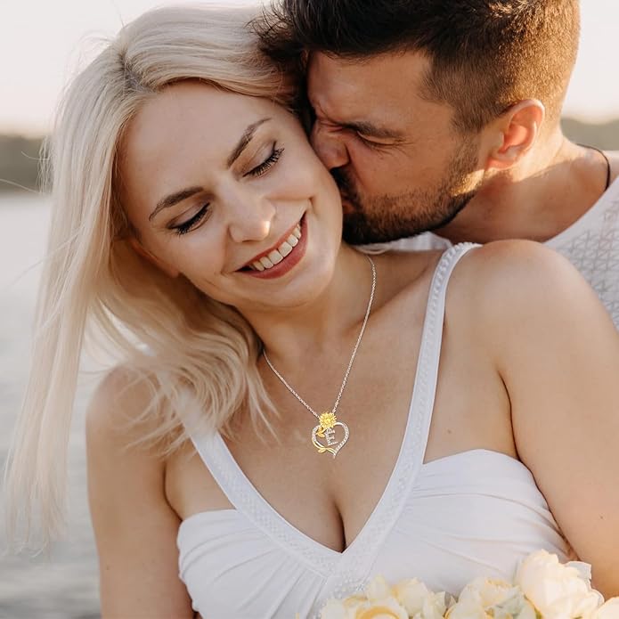 AENEAS Sunflower Initial Necklace for Women Gold Plated Sterling Silver Letter Heart Pendant Jewelry Gift for Mom Wife Birthday Anniversary Christmas