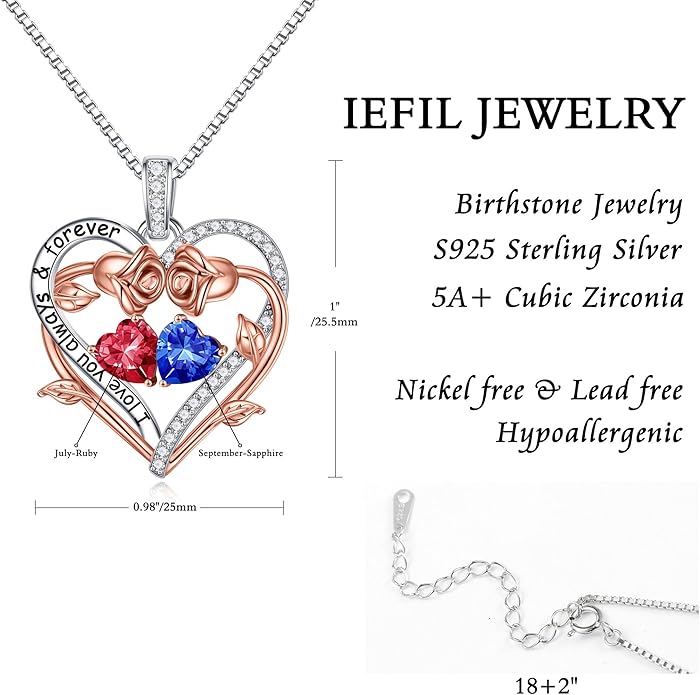 Iefil Rose Heart Double Birthstone Necklace Gifts for Wife Her Mom Women, Birthstone Jewelry Gemstone Birthday Gifts for Girlfriend Grandma Her Wife Women