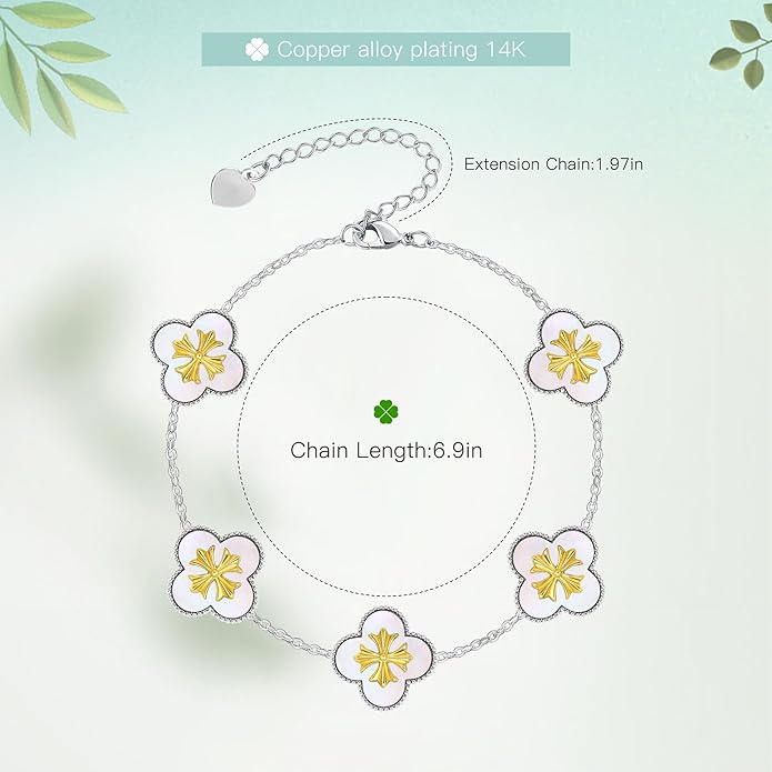 Fydesta 18K Gold Plated Clover Bracelet, Mother of Pearl Four Leaf Flower Bracelet for Women, 6.9" + 2" Adjustable Bracelet, Cross Motif, Gold or Silver Tone