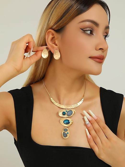 Chunky Statement Jewelry Set Vintage Retro Leaf Flower Floral Geometric Bohemian Boho Bib Necklace Earring Set Fashion Costume Jewelry for Women Girls Wedding Party Prom Unique Gift