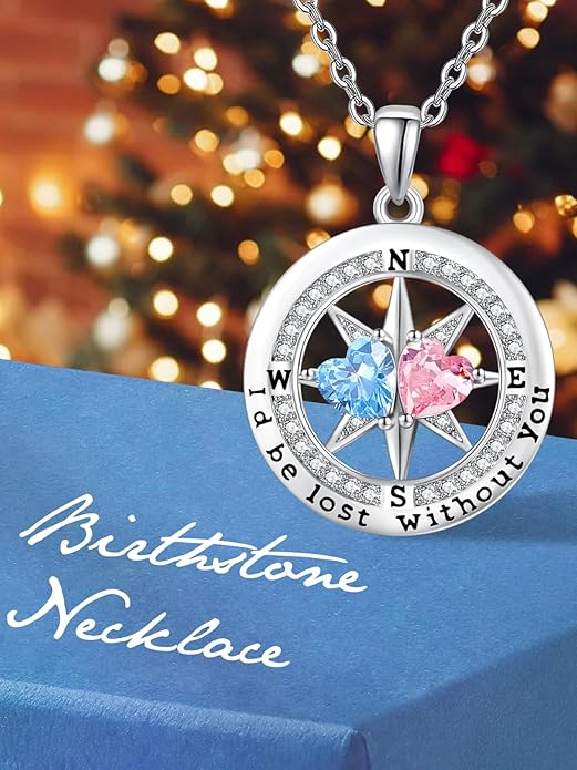 JIYVY32 Compass Birthstones Necklace for Women, Exquisite S925 Necklace Anniversary Birthday Gifts for Wife Her Double Birthstone Pendant jewelry ‘I'd be Lost Without You’