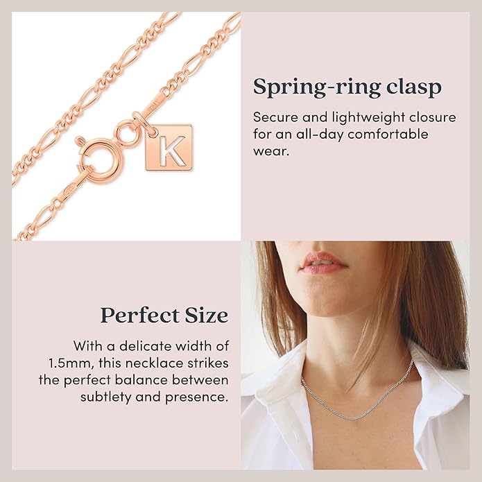KEZEF Sterling Silver 1.5mm Figaro Chain Necklace for Women - 925 Italian Diamond Cut Chain, Available in Silver, 18K Yellow Gold, Rose Gold, 16-30 Inches
