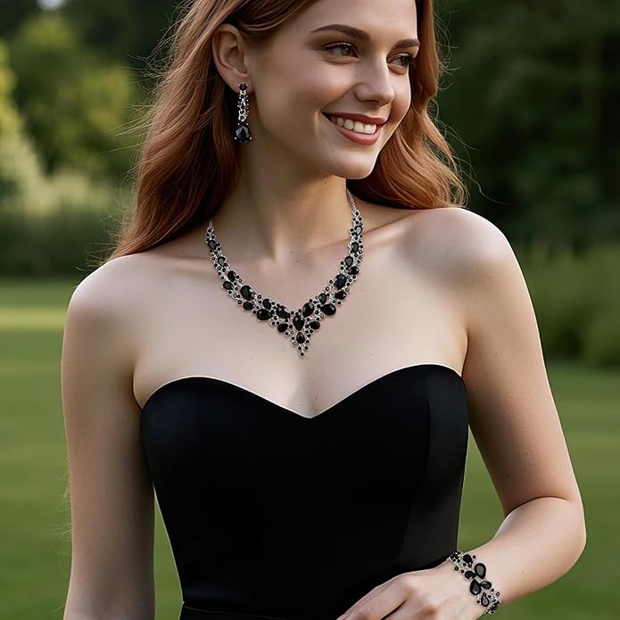 BriLove Wedding Bridal Jewelery for Women Austrian Crystal Teardrop Cluster Statement Necklace Dangle Earrings Link Bracelet Set