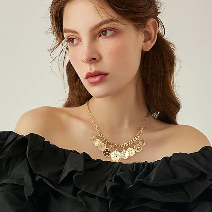 Charm Necklace for Women Gold Plated Chunky Evil Eye Sun Moon Flower Coin Pendant Dainty Handmade Paperclip Chain Necklace Jewelry for Women