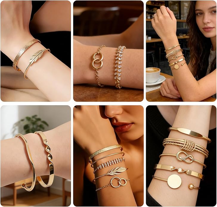 Vocect 10 Pcs Stackable Gold Bracelets for Women Set, 14K Gold Plated Mixed Style Bracelet Set Adjustable Paperclip Chain Cuban Link Beaded Cuff Waterproof Jewelry Sets for Layering Fashion Gifts