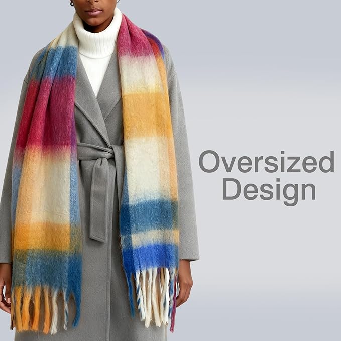 SHOHOKU Large Chunky Plaid Scarf Coloured Checked Oversized Scarf Tassel Soft Fall Winter Thick Warm Shawl Women