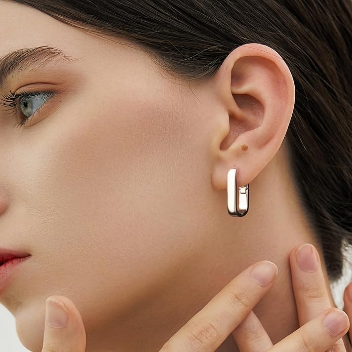 925 Sterling Silver Hoop Earrings for Women Small Square Hypoallergenic 14K Gold Plated Hoop Earrings Geometric Minimalist Rectangle Hoops