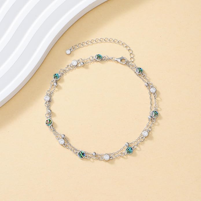 Anklets for Women 925 Sterling Silver Natural Stone Layered Anklet Beach Summer Fine Jewelry Birthday Christmas Gifts for Women Her Mom
