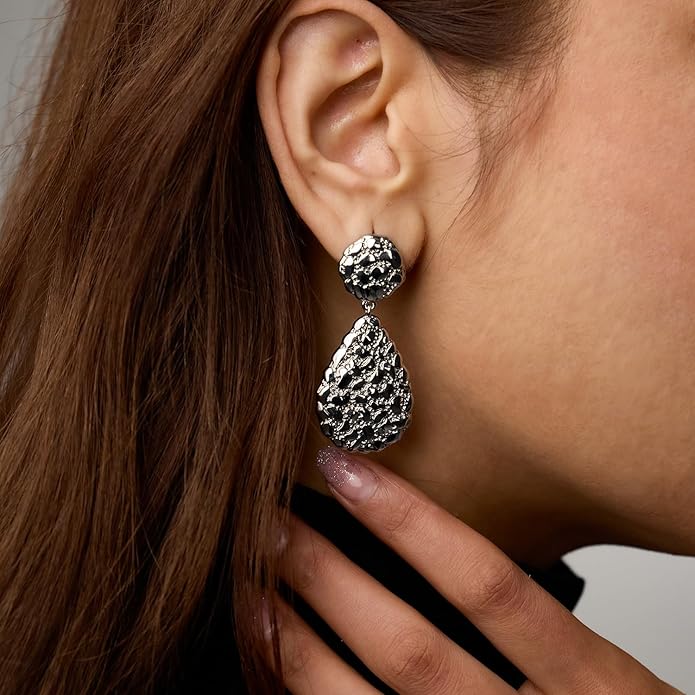 Hefanny Large Hammered Teardrop Dangle Earrings Geometric Chunky Flower Earrings Women's Trendy Statement Jewelry Multiple Styles