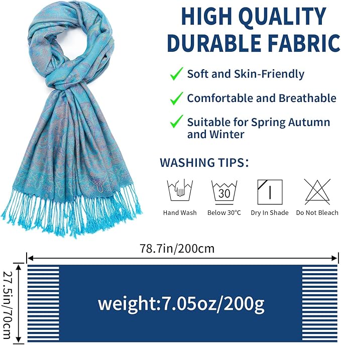QIUTIMIY Paisley Pashmina Shawl Wrap Women Reversible Vintage Jacquard Pashmina Rave Scarf with Fringe for Evening, Wedding