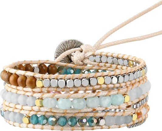 Boho 5 Wrap Bead Bracelet for Men Women - Handmade Adjustable Natural Chakras Stone Crystal Beaded Bracelets Cuff Rope Yoga Healing Bracelet Bangle Hippie Jewelry
