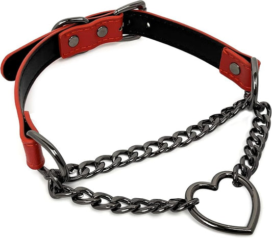 Black Leather Choker Collar For Women, Handmade Heart Slip Chain Choker Long Necklace with Adjustable Buckle