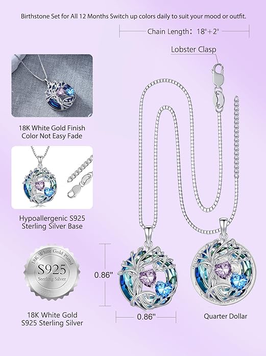 TOUPOP s925 Sterling Silver Family Celtic Tree of Life Pendant Necklaces with 2 Heart Birthstone with Blue Austrian Crystal Jewelry Birthday Anniversary Christmas Gifts for Her Wife Girlfriend Mom (18K Real White Gold Filled)