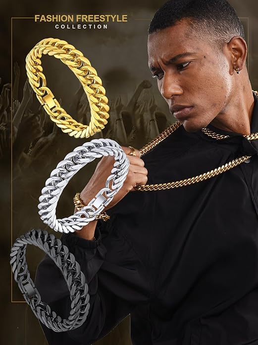 ChainsHouse Stainless Steel Cuban Link Bracelet, 8mm/12mm/17mm Width, 7.5"/8.3"/9", 18K Gold Plated Chain Wrist Bracelets for Men Women, Send Gift Box