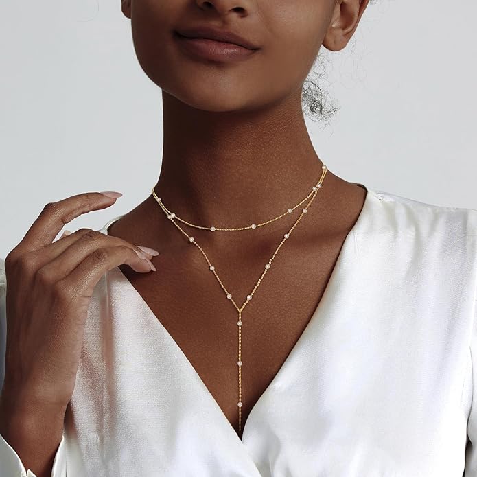 Gold Necklace for Women Trendy Lariat Y Necklace Dainty 14k Gold Plated/Silver Long Necklaces for Women Layered Beaded Drop Necklaces Simple Y-Shaped Chain Jewelry Gifts