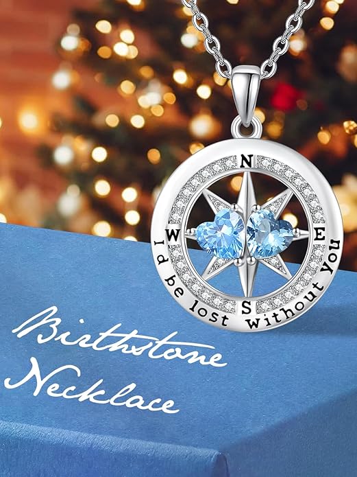Compass Birthstones Necklace for Women, Exquisite Anniversary Birthday Gifts for Wife Her Double Birthstone Pendant jewelry ‘I'd be Lost Without You’