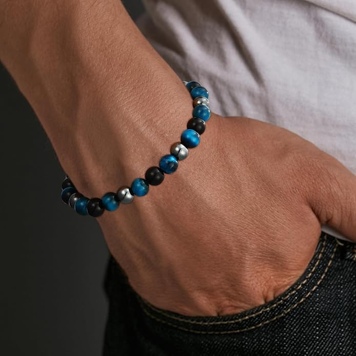 Triple Protection Bracelet for Men, Mens Black Obsidian Hematite Tiger Eye Beaded Natural Stone Evil Eye Bracelet Jewelry Gifts for Birthday Christmas