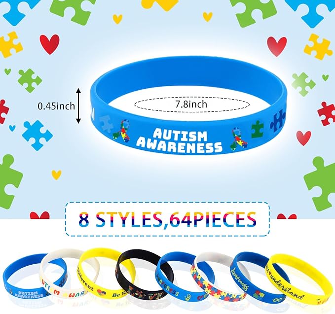JUNEBRUSHS 64pcs Autism Awareness Wristband Silicone Bracelets Bulk Puzzle Inspirational Rubber Bracelet for Autism Awareness Birthday Decoration Party Favor Gift Supplies