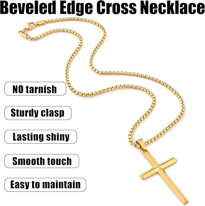 Fiusem Beveled Edge Cross Necklace for Men, Silver Tone/Black/14K Gold Plated Mens Cross Necklace, 2.5MM Stainless Steel Box Chain with Pendant