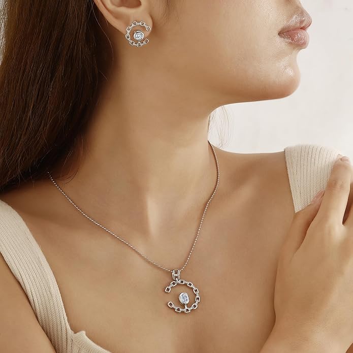 Ydou Elegant C-Shaped Crystal Necklaces/Stud Earrings Set with Birthstone Jewelry Set Silver Plated Fashion Jewelry for Women CS0003