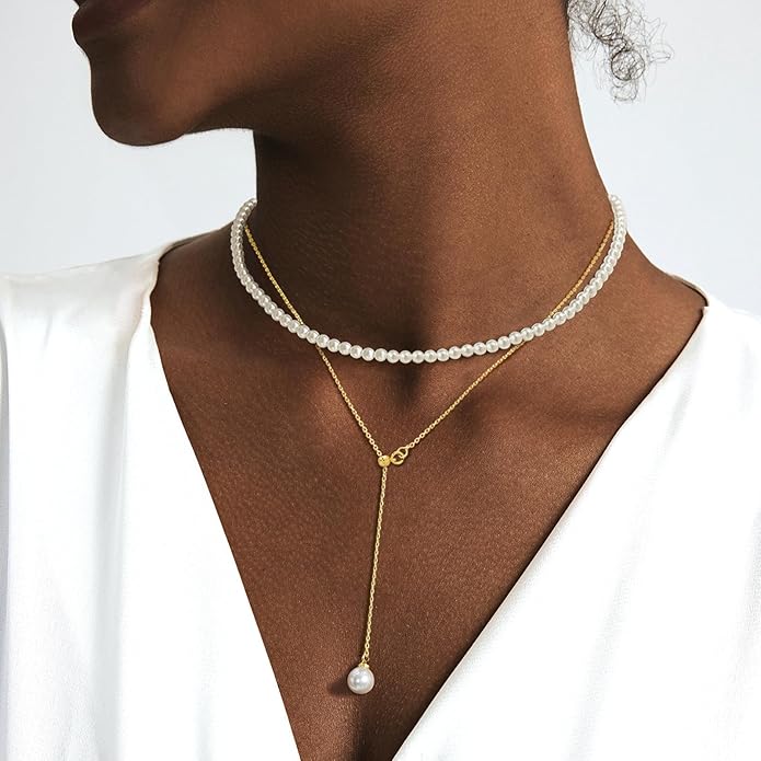 Zeffy Gold Pearl Necklace for Women, Dainty 14K Gold/Silve Plated Layered Pearl Choker Pearl Earrings Pearl Bracelets Wedding Trendy Gold Jewelry Set for Women Gifts