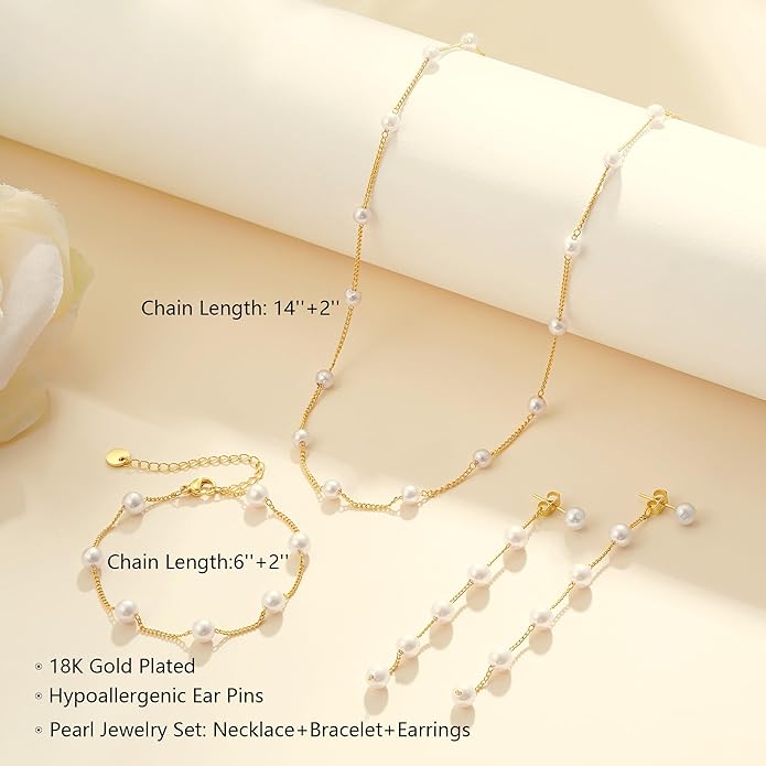 Pearl Necklaces for Women Trendy, 18K Gold/Silver Plated Layered Pearl Necklace Dainty Pearls Choker Necklace and Earring Set Simple Pearls Bracelets Wedding Prom Gold Jewelry for Women Gifts