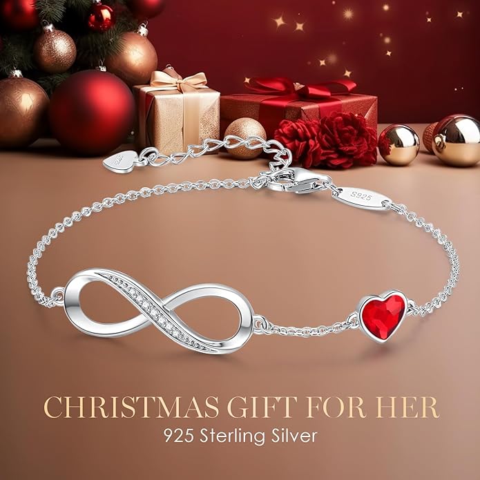 CDE Infinity Heart Birthstone Charm Link Bracelet for Women 925 Sterling Silver Adjustable Mother's Day Gift Anniversary Birthday Jewelry for Wife Girlfriend Her