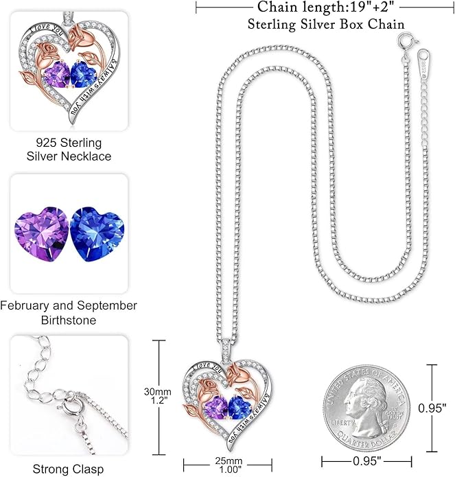 Iefil Birthstone Necklace for Women - 925 Sterling Silver Rose Heart Birthstone Necklace Birthday Anniversary Jewelry Gifts for Her Wife Mom Daughter