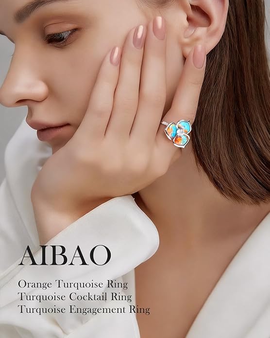 AIBAO Flower Gemstone Rings for Women Three Pental Turquoise/Malachite/Mother of Pearl Flower Ring with Cubic Zirconia Center Sterling Silver Statement Rings Size 6 to 10