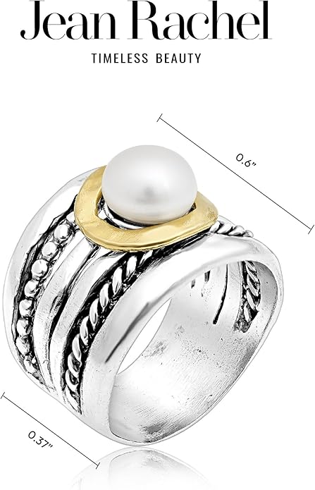 JEAN RACHEL JEWELRY Mixed Metal Two Tone Ring for Women – Pearl Rope Bead – 925 Sterling Silver & 14K Gold Over Silver – Freshwater Pearl Statement Ring – Hypoallergenic Design