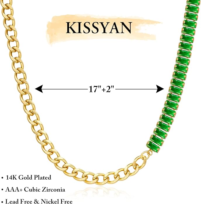KissYan Diamond Tennis Necklace for Women, 14K/White Gold Plated Cubic Zirconia Baguette Tennis Chain Chunky Paperclip Link Cuban Choker Necklace Dainty Jewelry Gifts