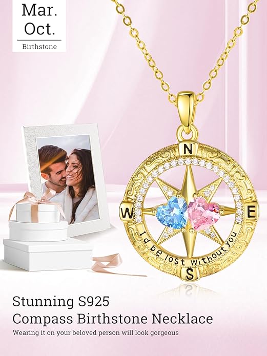 Zeuslia Double Birthstone Necklace Gifts for Wife - 925 Sterling Silver Sunflower/Rose/Crown Cross/Compass/Heart Pendant I Love You Necklace, Anniversary Birthday Gifts for Wife Girlfriend Mom Her