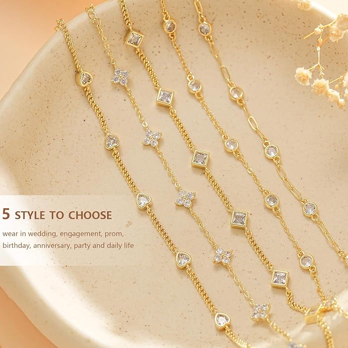 Gold Bracelets for Women,14K Dainty Gold Plated Bracelets Non Tarnish Waterproof Diamond Bracelets Heart Flower Round Square CZ Charm Bracelet Trendy Stuff Jewelry Gifts for Her