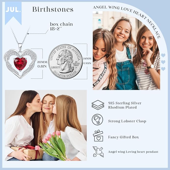 Heart Necklaces Valentine's Gift for Women, Birthstone 925 Sterling Silver Angel Wings Love Pendant Necklaces for Women, Jewelry Gifts for Wife, Anniversary, Mother's day