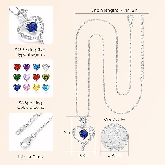 LOUISA SECRET Rose Flower Heart Birthstone Necklaces for Women, 925 Sterling Silver Fine Jewelry, Pendant Heart Necklaces Birthday Anniversary Christmas Gift for Women Wife Mom Girlfriend Lady