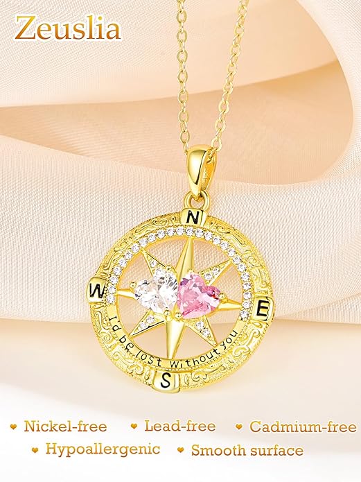 Zeuslia Double Birthstone Necklace Gifts for Wife - 925 Sterling Silver Sunflower/Rose/Crown Cross/Compass/Heart Pendant I Love You Necklace, Anniversary Birthday Gifts for Wife Girlfriend Mom Her