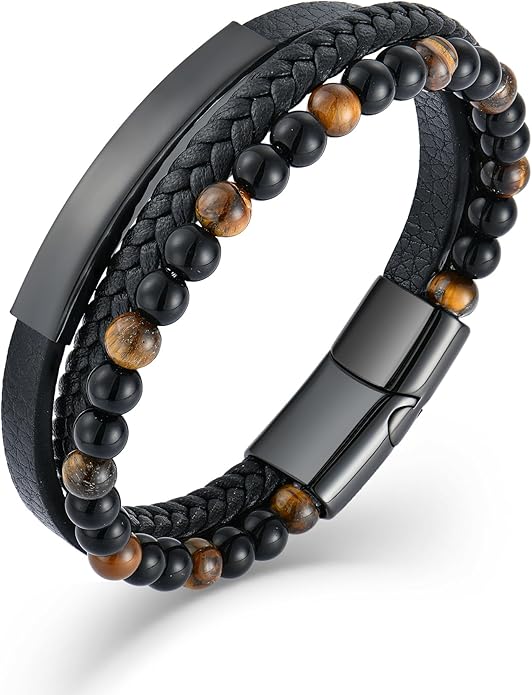 Mens Tiger Eye Matee Black Onyx Lava Rock Volcanic Stone Beaded Bracelet, Black Braided Leather Bracelet for Men