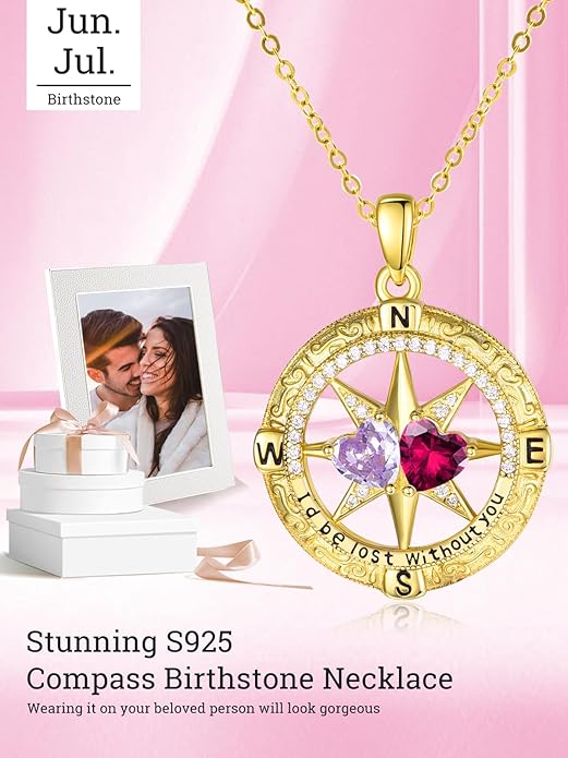 Zeuslia Double Birthstone Necklace Gifts for Wife - 925 Sterling Silver Sunflower/Rose/Crown Cross/Compass/Heart Pendant I Love You Necklace, Anniversary Birthday Gifts for Wife Girlfriend Mom Her