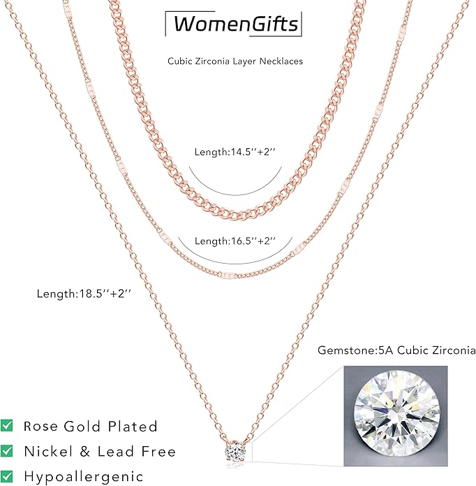 WomenGifts Layered Gold Necklaces for Women, 14K Gold Sterling Silver Plated Dainty Pendant Necklace Set with Cubic Zirconia Circle, Chunky Stackable Cuban Chain Choker, Trendy Personalized Birthstone Jewelry Gift Non Tarnish