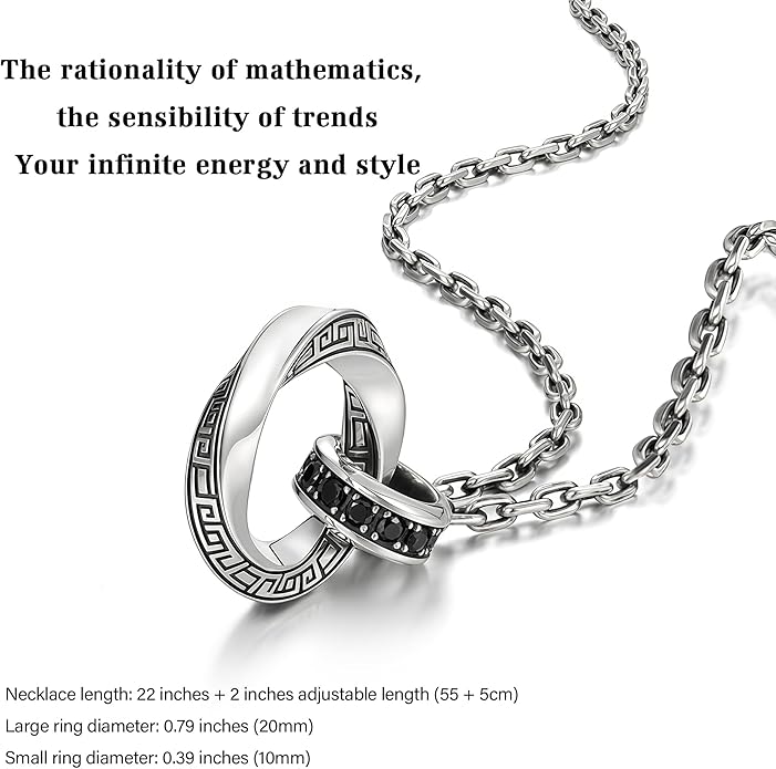 BRAYEG Möbius Strip Men's Necklace, Double Ring Black Onyx Pendant Necklace for Men, Silver Interlocking Circle Mens Necklaces holiday,Jewelry Gift for Him Boyfriend Husband (22+2Inchs)