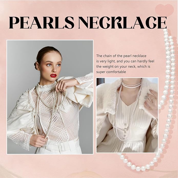 Long White Pearl Necklace 150cm/59 Adjustable Multi-Strand Faux Pearls for Women, Bridal Wedding Vintage Gatsby Jewelry for Party & Elegant Events