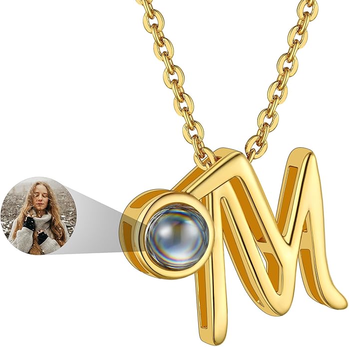 Custom4U Personalized Initial Picture Necklace for Women, Projection Necklace with Picture Inside, Gold/Silver Letter Pendant Necklace, Custom Photo Gifts for Mom Wife Birthday Valentines